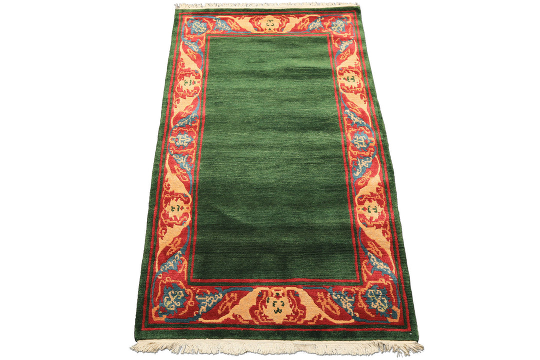 4x7 Green, Coral, Peach Color Hand Knotted Tibetan Wool Transitional Oriental Rug