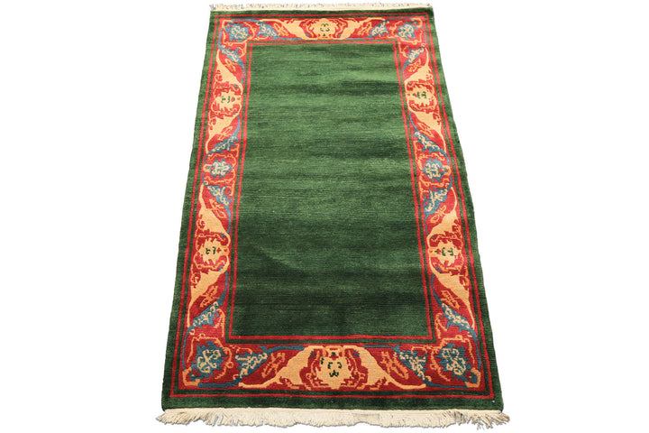4x7 Green, Coral, Peach Color Hand Knotted Tibetan Wool Transitional Oriental Rug