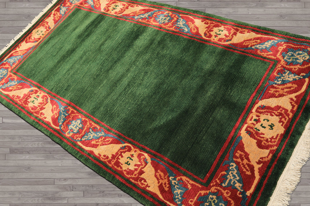 4x7 Green, Coral, Peach Color Hand Knotted Tibetan Wool Transitional Oriental Rug
