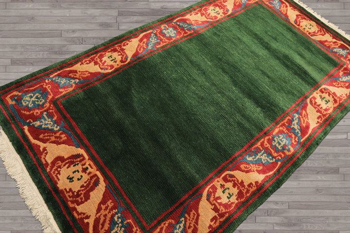 4x7 Green, Coral, Peach Color Hand Knotted Tibetan Wool Transitional Oriental Rug