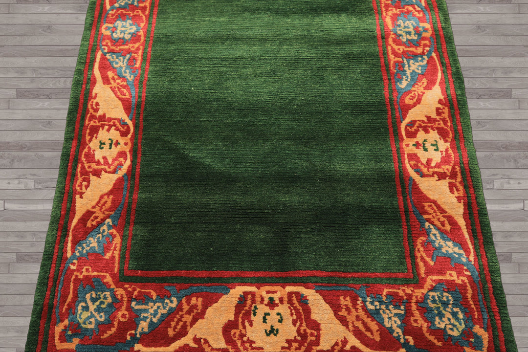 4x7 Green, Coral, Peach Color Hand Knotted Tibetan Wool Transitional Oriental Rug