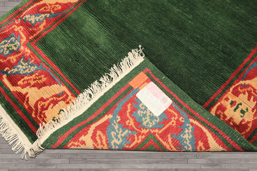 4x7 Green, Coral, Peach Color Hand Knotted Tibetan Wool Transitional Oriental Rug