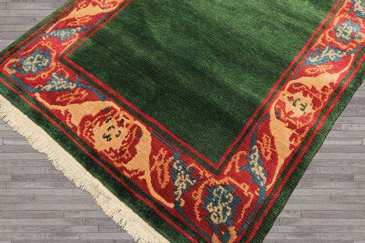 4x7 Green, Coral, Peach Color Hand Knotted Tibetan Wool Transitional Oriental Rug