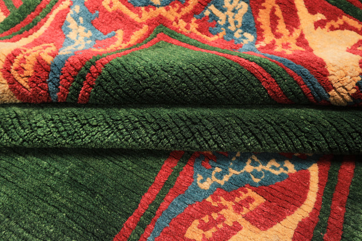 4x7 Green, Coral, Peach Color Hand Knotted Tibetan Wool Transitional Oriental Rug