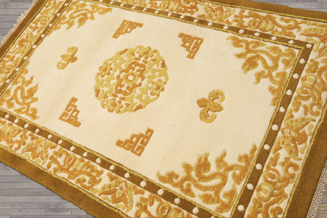 4x6 Ivory, Mustard, Gold Color Hand Knotted Indo Tibetan Wool Traditional Oriental Rug