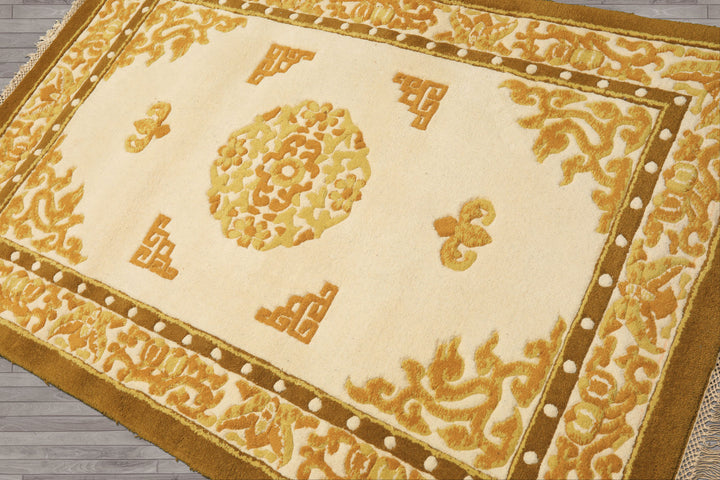 4x6 Ivory, Mustard, Gold Color Hand Knotted Indo Tibetan Wool Traditional Oriental Rug