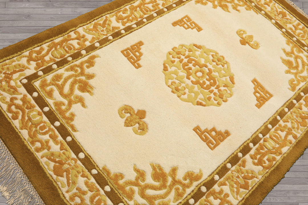 4x6 Ivory, Mustard, Gold Color Hand Knotted Indo Tibetan Wool Traditional Oriental Rug