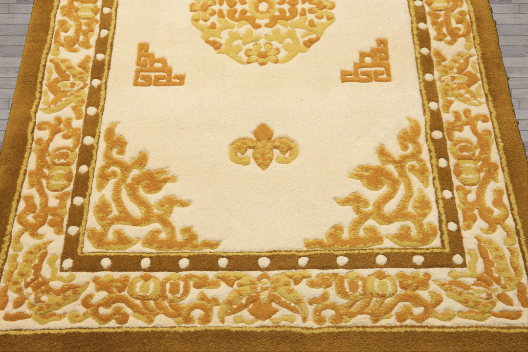 4x6 Ivory, Mustard, Gold Color Hand Knotted Indo Tibetan Wool Traditional Oriental Rug
