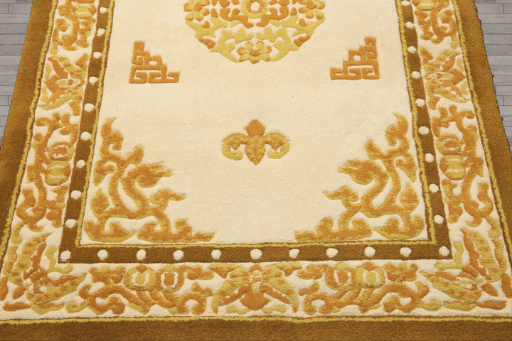4x6 Ivory, Mustard, Gold Color Hand Knotted Indo Tibetan Wool Traditional Oriental Rug