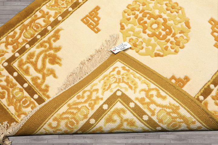 4x6 Ivory, Mustard, Gold Color Hand Knotted Indo Tibetan Wool Traditional Oriental Rug