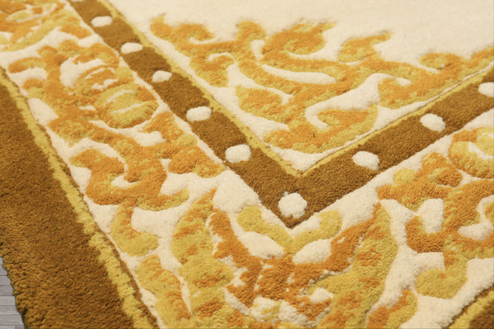 4x6 Ivory, Mustard, Gold Color Hand Knotted Indo Tibetan Wool Traditional Oriental Rug