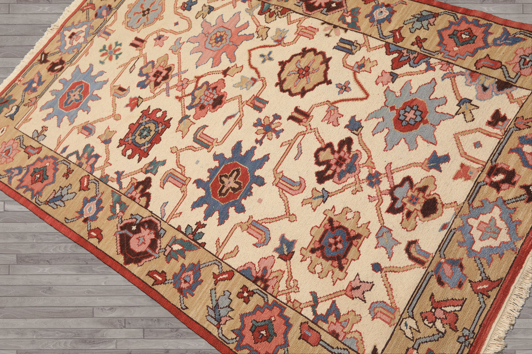 4x6 Ivory, Tan, Rust Color Hand Knotted Soumak Wool Traditional Oriental Rug