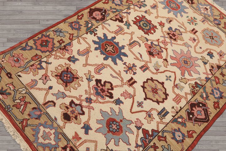 4x6 Ivory, Tan, Rust Color Hand Knotted Soumak Wool Traditional Oriental Rug