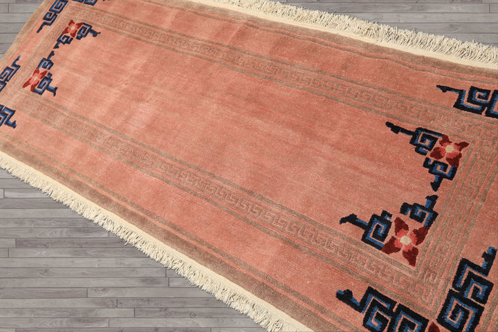 7 Runner Blush, Brown, Navy Color Hand Knotted Tibetan Wool Transitional Oriental Rug