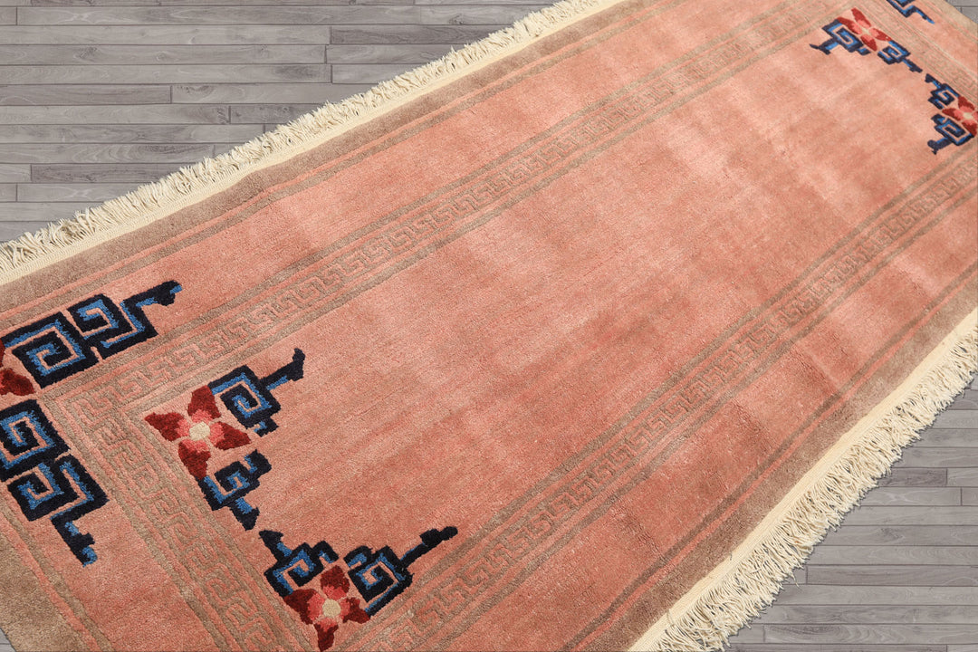 7 Runner Blush, Brown, Navy Color Hand Knotted Tibetan Wool Transitional Oriental Rug