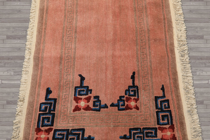 7 Runner Blush, Brown, Navy Color Hand Knotted Tibetan Wool Transitional Oriental Rug