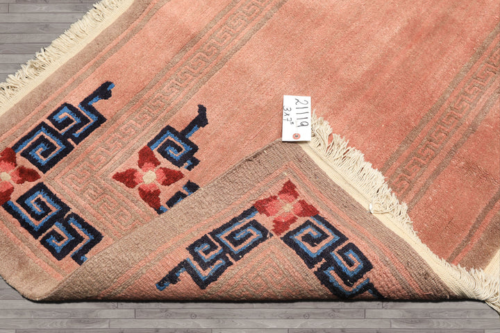 7 Runner Blush, Brown, Navy Color Hand Knotted Tibetan Wool Transitional Oriental Rug