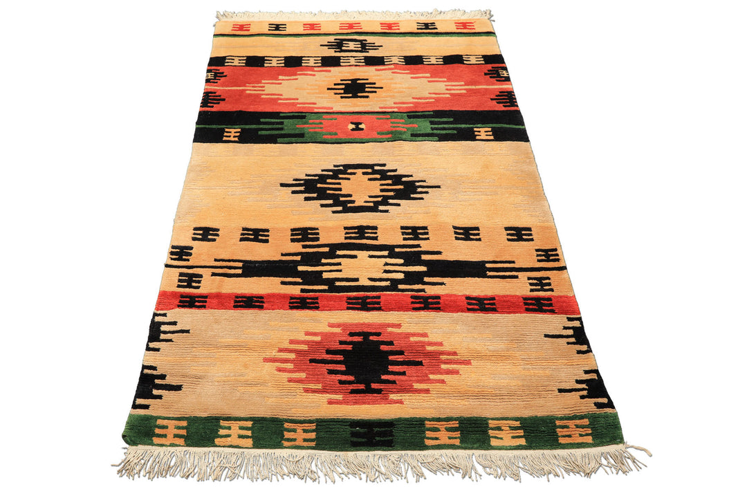 4x6 Beige, Faded Peach, Black Color Hand Knotted Tibetan Wool  Oriental Rug