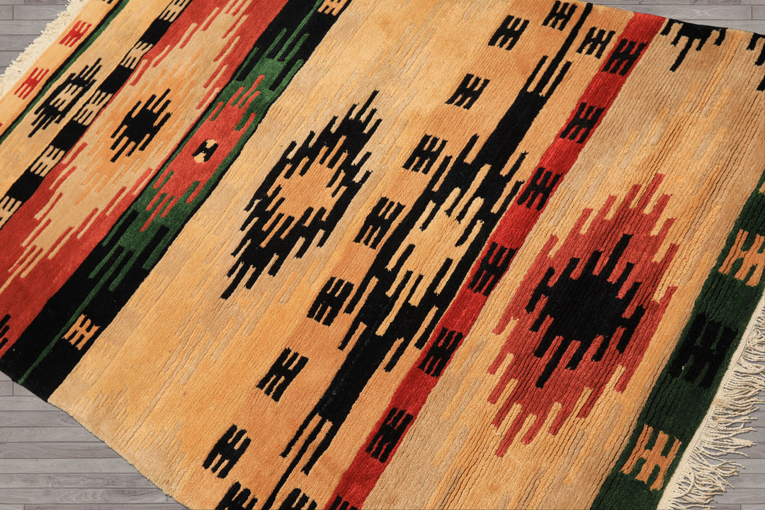 4x6 Beige, Faded Peach, Black Color Hand Knotted Tibetan Wool  Oriental Rug