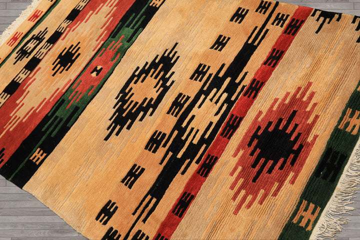 4x6 Beige, Faded Peach, Black Color Hand Knotted Tibetan Wool  Oriental Rug