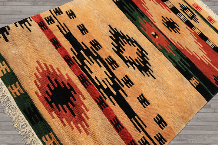 4x6 Beige, Faded Peach, Black Color Hand Knotted Tibetan Wool  Oriental Rug