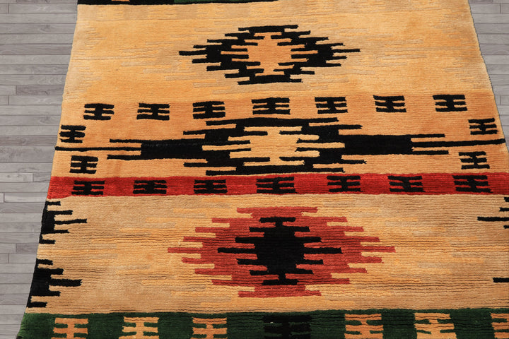 4x6 Beige, Faded Peach, Black Color Hand Knotted Tibetan Wool  Oriental Rug