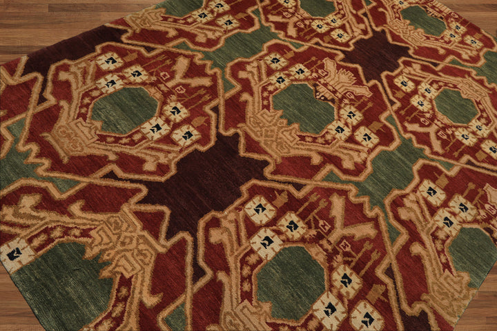 6x9 Sage, Rust, Maroon Color Hand Knotted Tibetan Wool Arts & Crafts Oriental Rug