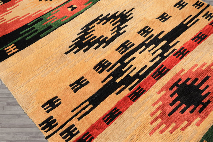 4x6 Beige, Faded Peach, Black Color Hand Knotted Tibetan Wool  Oriental Rug