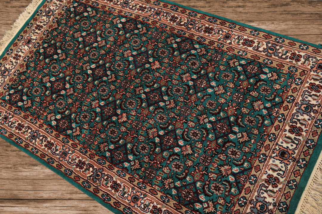 3x5 Green, Ivory, Tan Color Hand Knotted Indo Kashan Wool Traditional Oriental Rug