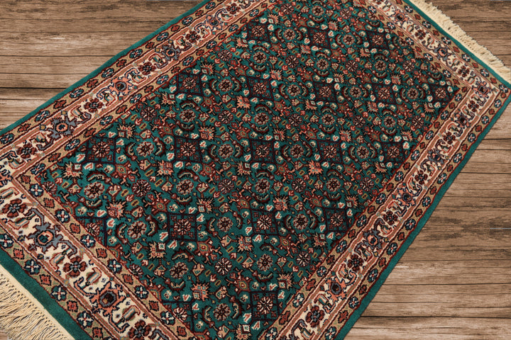 3x5 Green, Ivory, Tan Color Hand Knotted Indo Kashan Wool Traditional Oriental Rug