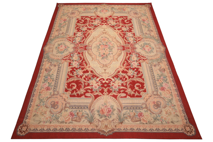 9x12 Red, Beige, Aqua Color Hand Woven French Aubusson Wool Traditional Oriental Rug