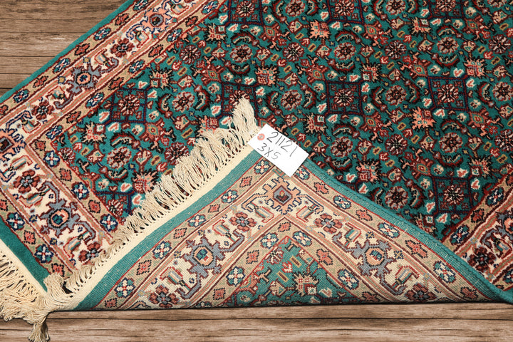 3x5 Green, Ivory, Tan Color Hand Knotted Indo Kashan Wool Traditional Oriental Rug