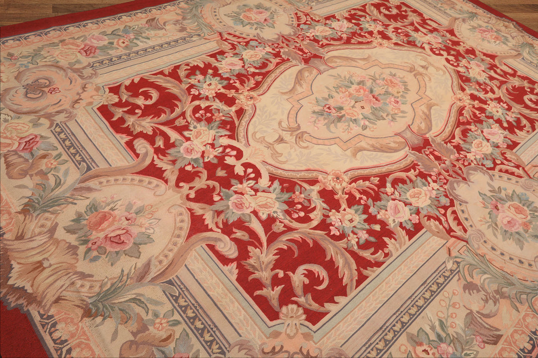 9x12 Red, Beige, Aqua Color Hand Woven French Aubusson Wool Traditional Oriental Rug