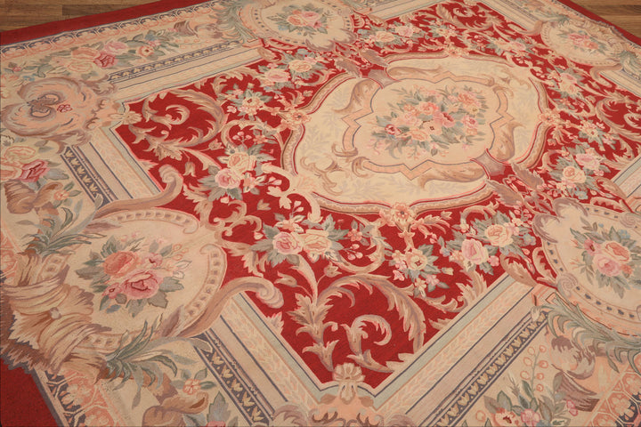 9x12 Red, Beige, Aqua Color Hand Woven French Aubusson Wool Traditional Oriental Rug