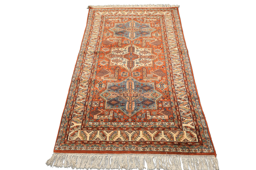 4x6 Burnt Orange, Ivory, Blue Color Hand Knotted Kazak Wool  Oriental Rug