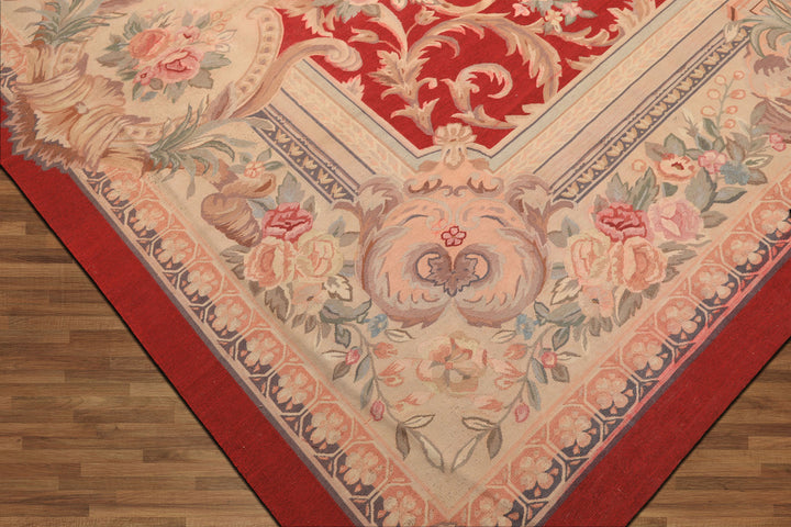 9x12 Red, Beige, Aqua Color Hand Woven French Aubusson Wool Traditional Oriental Rug