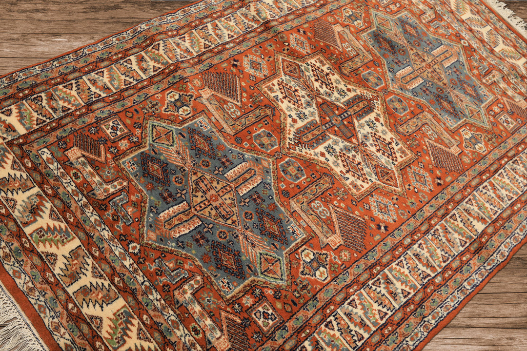 4x6 Burnt Orange, Ivory, Blue Color Hand Knotted Kazak Wool  Oriental Rug