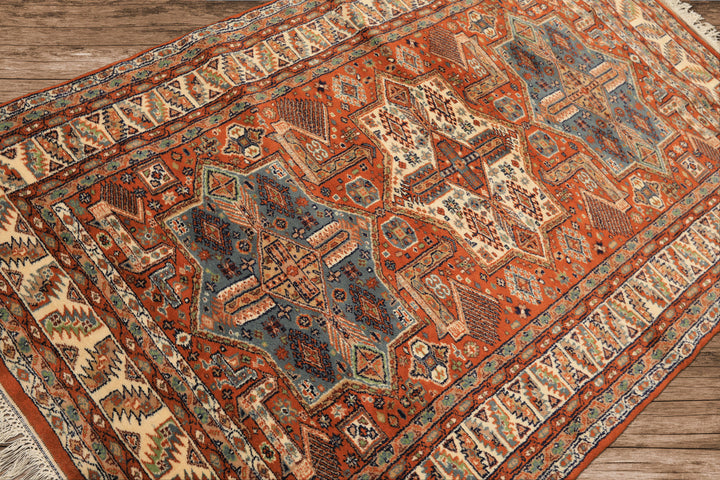 4x6 Burnt Orange, Ivory, Blue Color Hand Knotted Kazak Wool  Oriental Rug