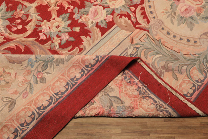 9x12 Red, Beige, Aqua Color Hand Woven French Aubusson Wool Traditional Oriental Rug