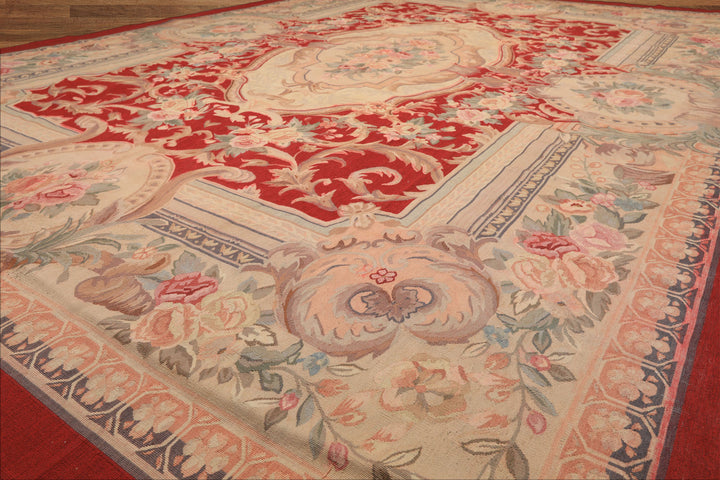 9x12 Red, Beige, Aqua Color Hand Woven French Aubusson Wool Traditional Oriental Rug