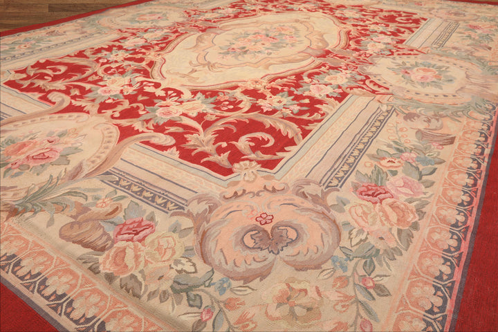 9x12 Red, Beige, Aqua Color Hand Woven French Aubusson Wool Traditional Oriental Rug
