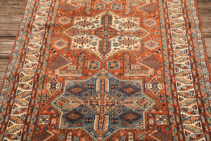 4x6 Burnt Orange, Ivory, Blue Color Hand Knotted Kazak Wool  Oriental Rug