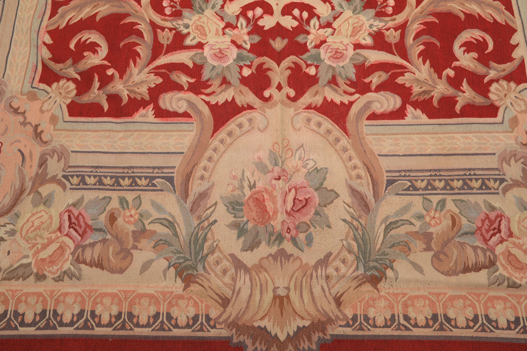9x12 Red, Beige, Aqua Color Hand Woven French Aubusson Wool Traditional Oriental Rug