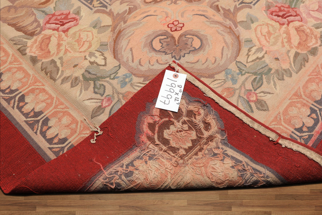 9x12 Red, Beige, Aqua Color Hand Woven French Aubusson Wool Traditional Oriental Rug
