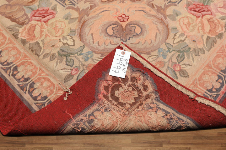 9x12 Red, Beige, Aqua Color Hand Woven French Aubusson Wool Traditional Oriental Rug