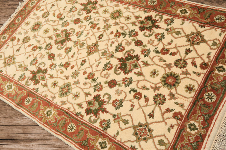 4x6 Ivory, Rust, Green Color Hand Knotted Indo Kashan Wool Traditional Oriental Rug