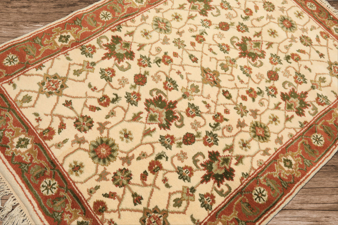 4x6 Ivory, Rust, Green Color Hand Knotted Indo Kashan Wool Traditional Oriental Rug