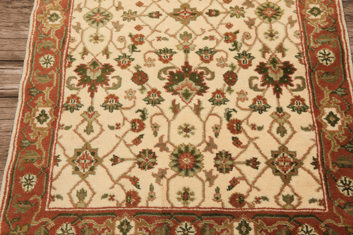 4x6 Ivory, Rust, Green Color Hand Knotted Indo Kashan Wool Traditional Oriental Rug