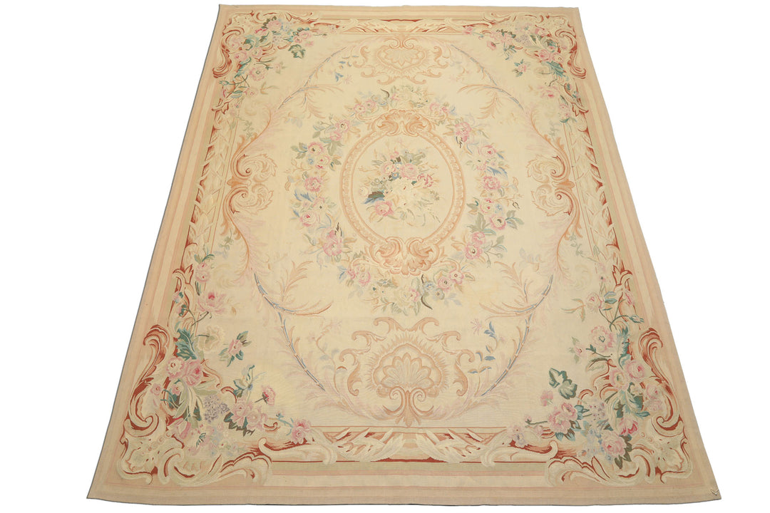 8x10 Ivory, Tan, Rose Color Hand Woven French Aubusson Wool Traditional Oriental Rug