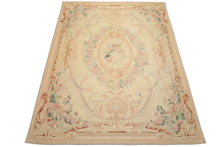 8x10 Ivory, Tan, Rose Color Hand Woven French Aubusson Wool Traditional Oriental Rug